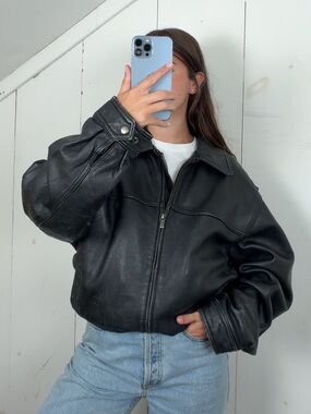 Vintage Black Genuine Leather Bomber Jacket Men’s L Full Zip James Dean 90s Y2K